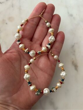 Handcrafted Pearl & Multicolor Bead Hoop Earrings